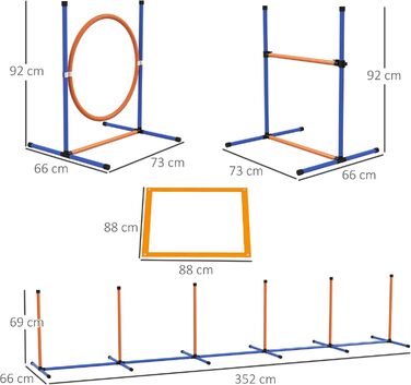 Набір для аджиліті PawHut для собак, 8 предметів, для вулиці, з тканинними стовпчиками, регульоване кільце для стрибків, бар'єри, зона відпочинку, тенісні м'ячі, свисток, шорти для тренувань