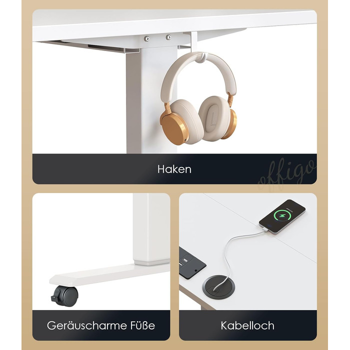 OffiGo Electric Standing Desk with USB Ports - Adjustable Height Desk, Memory Function, 160cm Width, White - Office & Home Desk