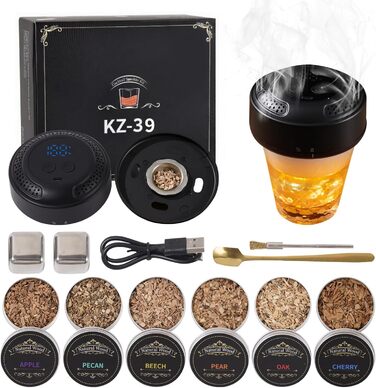 Електричний набір для копчення віскі, коктейльний дим-сет - 6 видів деревини, RGB підсвітка, безполум'яний димогенератор для коктейлів та їжі, подарунок для чоловіків