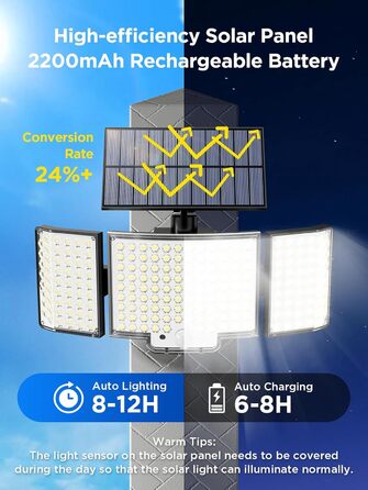 Сонячні вуличні LED лампи з датчиком руху, 212 LED, 3 режими, IP65, водонепроникні, настінні прожектори для саду (2 шт, холодне біле світло)