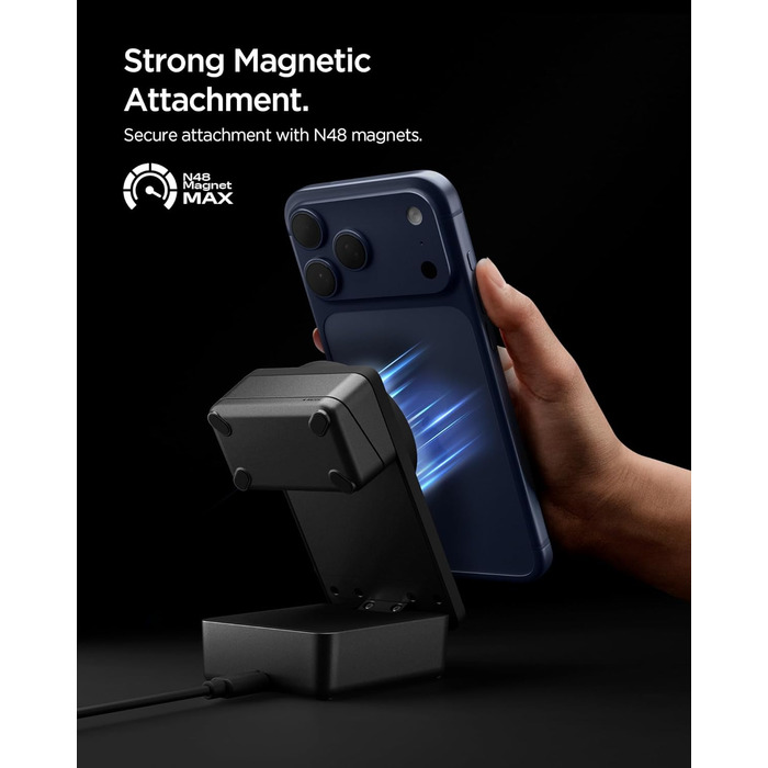 Зарядна станція Spigen Essential Qi2.2 25W 3-в-1 MagSafe для iPhone 17/16 Pro Max, Pixel 10 Pro, AirPods, Samsung Galaxy S26 Ultra - Чорна + USB-C кабель 2м