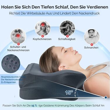 Подушка для шиї FAIORD, подушка з піною з пам'яті, ергономічна подушка для сну, подушка для підтримки шиї для тих, хто спить на боці, спині та животі, темно-сіра, 64 x 39 x 13 см