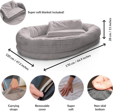 Dog Bed for Humans & Dogs | Giant Human Dog Bed for People | Warm & Comfortable Beanbag Bed | Dog Bed for People & Pets in Human Size | Blanket Included & Removable Cover | Grey