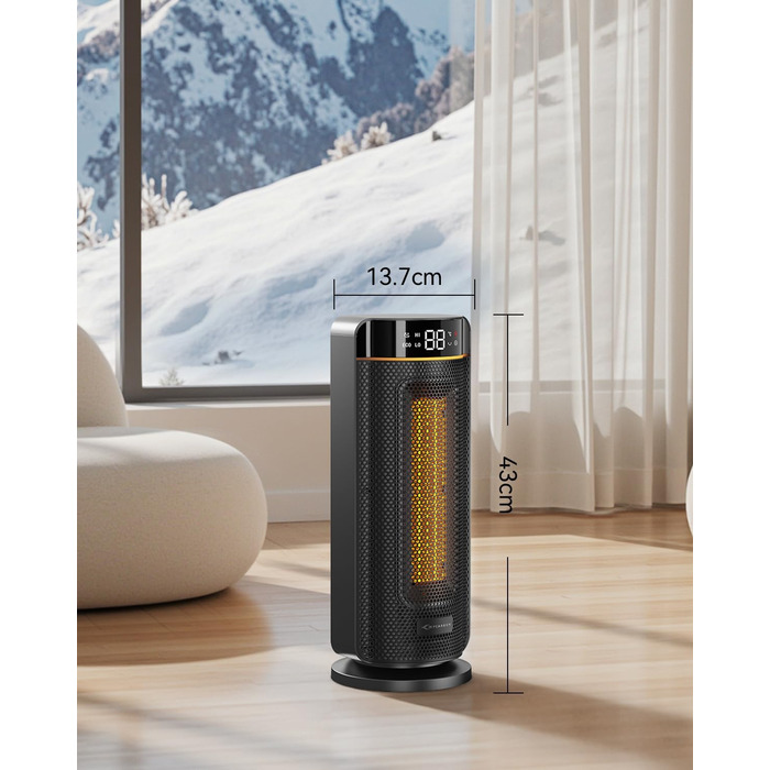 Обігрівач MYCARBON 43 см для ванної кімнати: тихий 32 дБ, 1900 Вт, ECO режим, таймер 12 год, осциляція, енергозберігаючий, PTC кераміка, пульт дистанційного керування, термостат, чорний