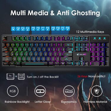 Бездротова клавіатура з підсвічуванням RGB, 2.4G, перезарядна, механічна, 104 клавіші + Миша RGB 2400 DPI, 6 кнопок + Килимок для миші Чорний