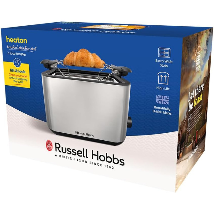 Тостер Russell Hobbs Textures+ з широкими слотами, підставка для бургерів, щипці, 6 рівнів підсмажування, розморожування та підігріву, 850W, 22601-56, нержавіюча сталь, 2 відсіки