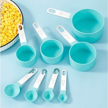 FLaig 8-Piece Plastic Measuring Cup and Spoon Set, Stackable Cups and Spoons, Nesting Measuring Cups with Stainless Steel Handles, Small Teaspoon Spoon