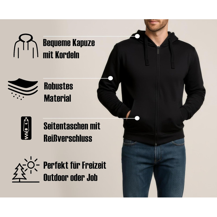 Чоловіча куртка-худі ROCK-IT Apparel на блискавці з капюшоном та бічними кишенями, Regular Fit, преміум тканина, чорна, розмір 4XL