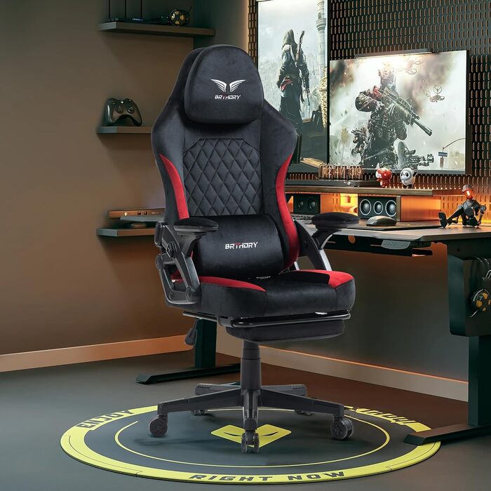 Геймерське крісло Racing Ergonomic з регульованою подушкою для голови та підставкою для ніг, тканинна оббивка, чорно-червоне