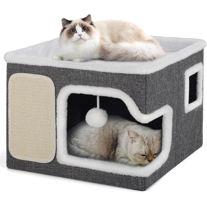 Шика Катценхаус: Розкладна котяча кімната для великих котів, 40x40x63 см, котячий куб, з притулком, ліжком та дряпалкою, з іграшкою (2-шарова, сірий)