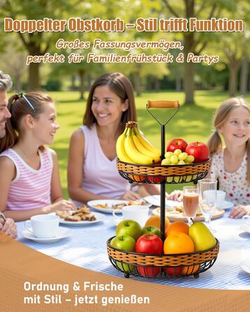 Двоярусний кошик для фруктів LEEJARD з синтетичного ротангу, знімний піддон, чорний (H:45 Dm:29 см)