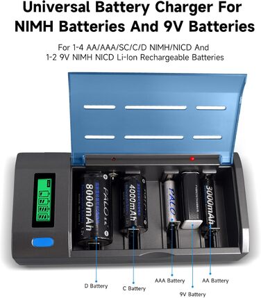 Зарядний пристрій для акумуляторів Universal для AA/AAA/SC/C/D/9V NI-Mh/NI-CD та 9V Li-ion з функцією розряду та LCD-дисплеєм, швидка зарядка