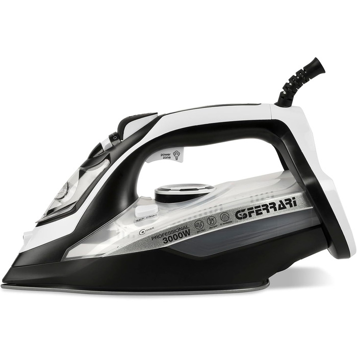 Праска відпарювач Ferrari Ermes G40021: 2500 Вт, керамічна підошва, 340 cc, 150 г/хв, самоочищення, захист від накипу та протікання, 51 мікроотвір, білий/чорний/сірий
