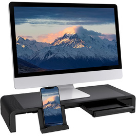 Складана підставка для монітора з регульованою шириною, сумісна з iMac, ноутбуками, принтерами, з висувною шухлядою та тримачем для планшета і смартфона, чорна