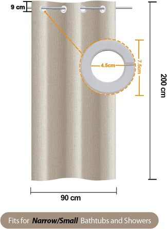 Штора для душу YISURE без гачків, льон бежевий 120x200 см. Водовідштовхувальна тканинна штора для ванної кімнати, машинне прання