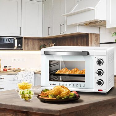 Міні-піч WOLTU 28 л, піч для піци 1600 Вт, 100-230°C, таймер 0-60 хв, 3 режими нагріву, з деко, решіткою, підсвічуванням крихт, підйомником решітки, для випікання, запікання, розморожування, підігріву (біла)
