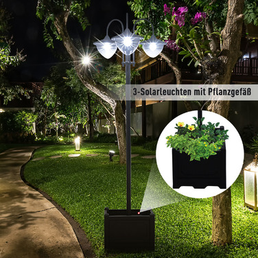 Outsunny Solar Light Garden Light 3-Head Lamp with Flower Pot Base, Waterproof, Stainless Steel, 60x55x189cm | Aosom