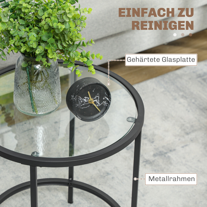 HOMCOM Side Table Round Coffee Table with Glass Tabletop, Metal Frame, Coffee Table, Nightstand for Living Room, Bedroom, Black, Ø48 x 54.7 cm | Aosom