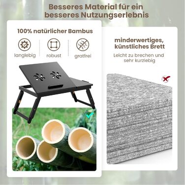 Столик для ноутбука COSTWAY з бамбука, регульований по висоті та куту нахилу, з вентиляцією, з ящиком, складний, для ліжка, читання, сніданку, 53 x 33 x 20-26,5 см (колір: коричневий)