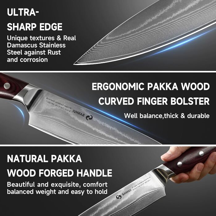 Набір кухонних ножів Sanhui Damast: 3 ножі з дамаської сталі з ручками з паккавуда. Професійний набір ножів у подарунковій коробці - ідеальний для професійних та аматорських кухарів.