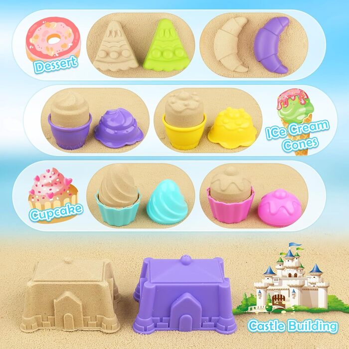 Joyreal 49 Pcs Sand Toy ICE Girl Boy - Sandbox Toys Beach Toys Children's Play Stable with Sand Shovel, Folding Bucket, Sand Molds, Mesh Bag Beach for Kids