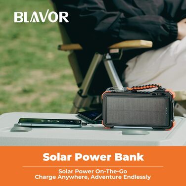 Портативний зарядний акумулятор BLAVOR Solar 20000mAh з кабелем, 20W, сонячний, USB-C, для телефонів та Apple Watch, з ліхтариком та карабіном, оранжевий