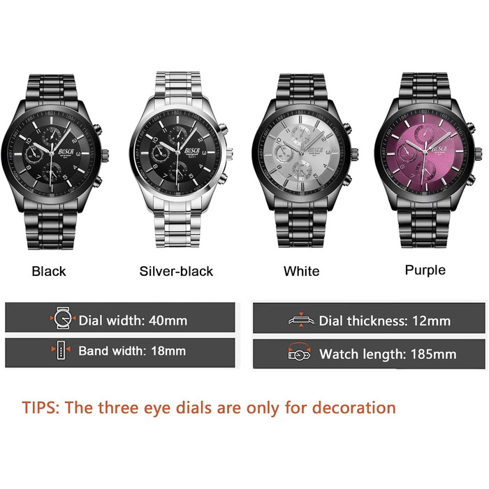 Годинник на зап'ястя BOSCK для чоловіків (без хронографа), 40 мм, автоматичний календар та день тижня, корпус із нержавіючої сталі, білий бізнес-годинник, водонепроникність 30 м, спортивні годинники для чоловіків