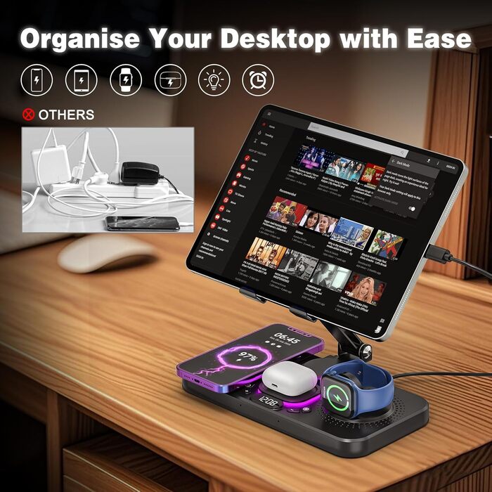Бездротова зарядна станція 4-в-1 для iPhone, складаний тримач для планшета, індуктивне зарядне для iPhone 16/15/14/13/12/11 та iWatch