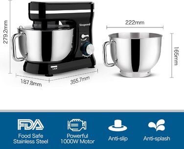 Планетарний міксер-тістоміс Vospeed, 5QT, 8 швидкостей, з чашею з нержавіючої сталі та набором насадок (гак, вінчик, міксер), чорний