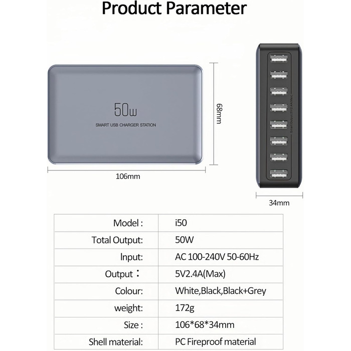 Зарядний пристрій USB 50W мережевий адаптер 8 портів для iPhone 15/14/13/12 Pro Max, iPad, Samsung, Google Pixel - Чорний