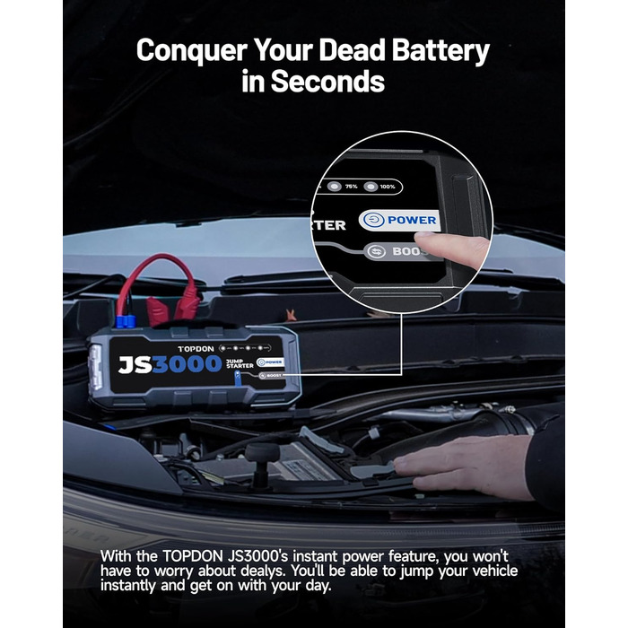 TOPDON JS3000 Powerbank для запуску двигуна: автостартер, бустер для акумулятора до 9л бензину/7л дизеля, 24000mAh, 3000A, LED, EVA-сумка