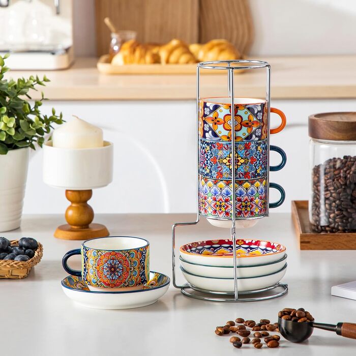 Набір чашок для еспресо Vancasso 4 шт., 150 мл SIMI: чашки з підставками та стійкою, керамічні, для капучино, еспресо, лате