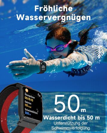 Смарт-годинник BIGGERFIVE для дітей, фітнес-трекер з пульсометром, крокоміром, моніторингом сну, водонепроникний (5ATM), будильник, 1.5' HD-сенсорний екран, для дівчаток та хлопчиків 3-14 років, ремінець нейлон, чорний/червоний