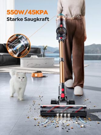 Cordless Vacuum Cleaner 45000Pa/550W/60Mins, Stand-Alone and Self-Charging Vacuum Cleaner, 4-in-1 Cordless Vacuum with Auto Mode & Anti-Tangle for Pet Hair, Carpet, and Hard Floors