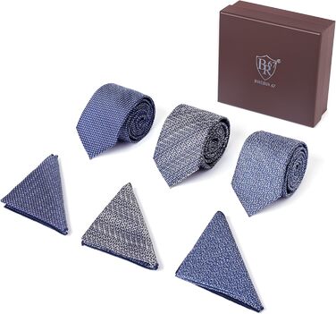 Набір краваток для чоловіків 3 шт. + 3 кишенькові хустинки | Подарунковий бокс для чоловіків | Класичний аксесуар для весілля | Білий та синій принт