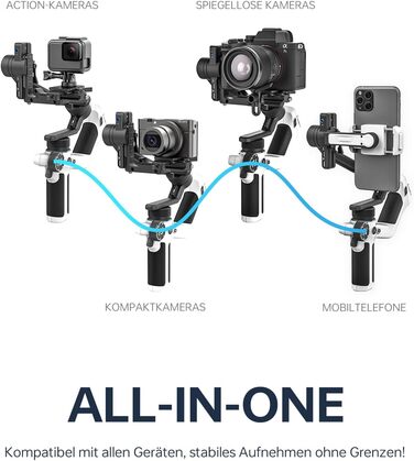 Feiyu SCORP Mini 2: Стабілізатор для камер (без дзеркала, екшн-камер, iPhone/Samsung) з підсвічуванням та виносним штативом. Чорний/Білий