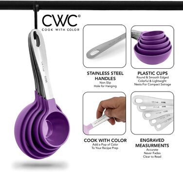 COOK WITH COLOR Measuring Cup Set and Measuring Spoon Set, Stainless Steel Handles, Nesting Kitchen Measuring Set, Liquid Measuring Cup Set, 12-Piece, Stainless Steel, Lavender