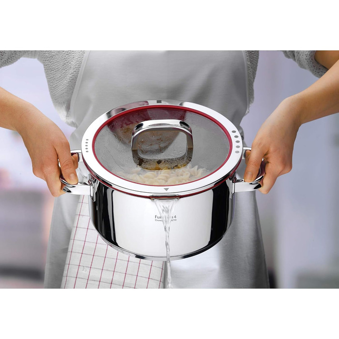 Каструля WMF Function 4 з ручкою 16 см, скляна кришка, 1,4 л, каструля для молока, індукційна, Cromargan нержавіюча сталь, 4 функції зливу, внутрішня шкала, червона