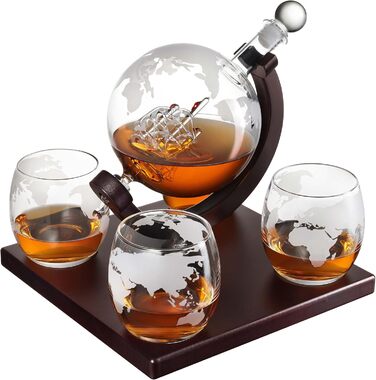 Crystal Whiskey Decanter Globe Set with 4 Glasses - Bourbon, Rum, Scotch Gift for Men, Dad, Him - Transparent Globe Decanter Set
