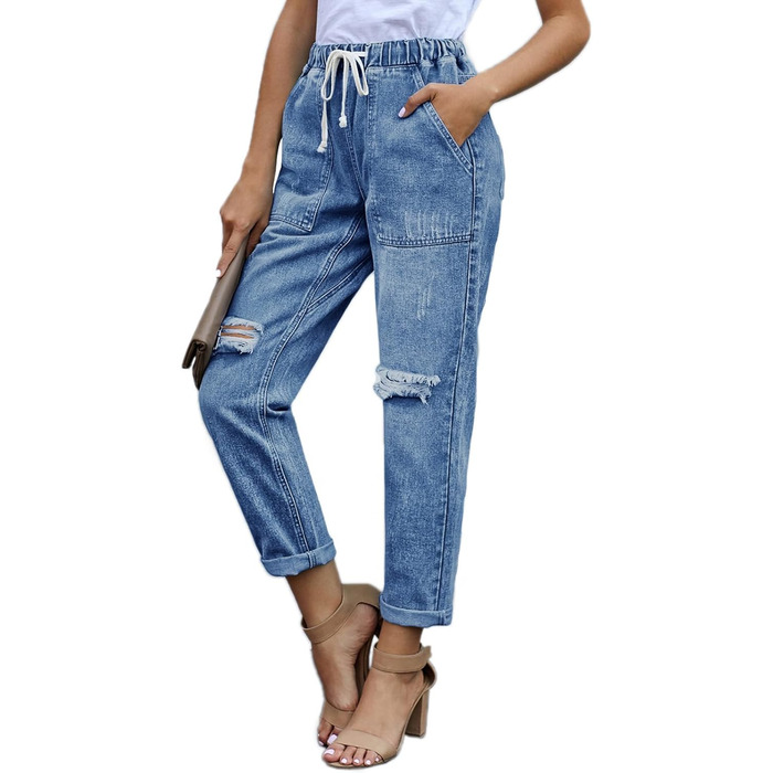 Джинси жіночі Alaster Queen Boyfriend з ефектом потертості, висока талія, блакитний денім, еластичні, розмір XXL