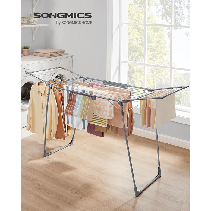 SONGMICS Сушарка для білизни на підставці, сіра, 52.5 x 173 x 96.5 см, з тримачем для шкарпеток, для одягу, рушників, металева