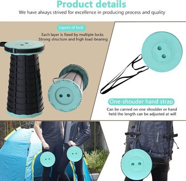 Складаний туристичний стілець-табурет, 440lbs, з сумкою, для кемпінгу, риболовлі, відпочинку на природі (Колір: Зелений)