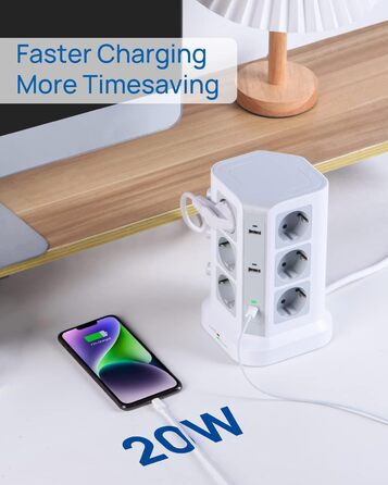 Стедова вежа KOOSLA з 12 розетками, захистом від перенапруги (4000W/16A), 6 USB-портів (20W USB-C), 2м, для офісу, кухні, столу (білий)