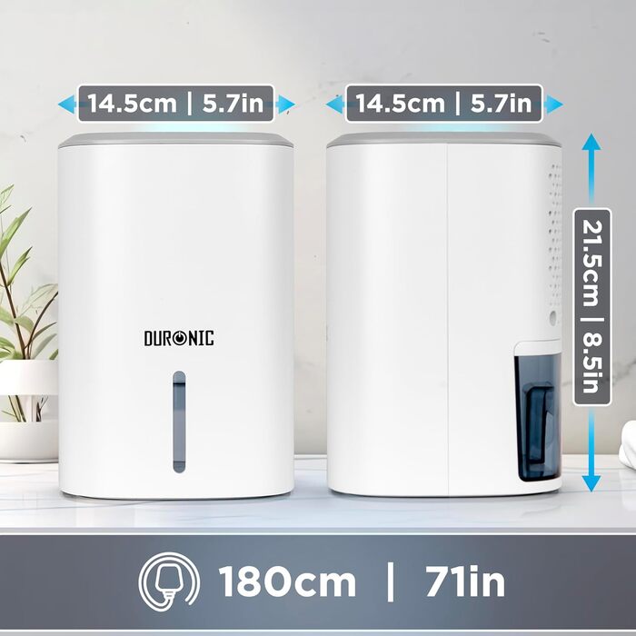 Зволожувач повітря Duronic DH06 WE – тихий осушувач для кімнат 5-10 м², компактний конденсаційний осушувач з баком 0.8 л, 23 Вт, захист від плісняви та конденсату, ідеально для спальні