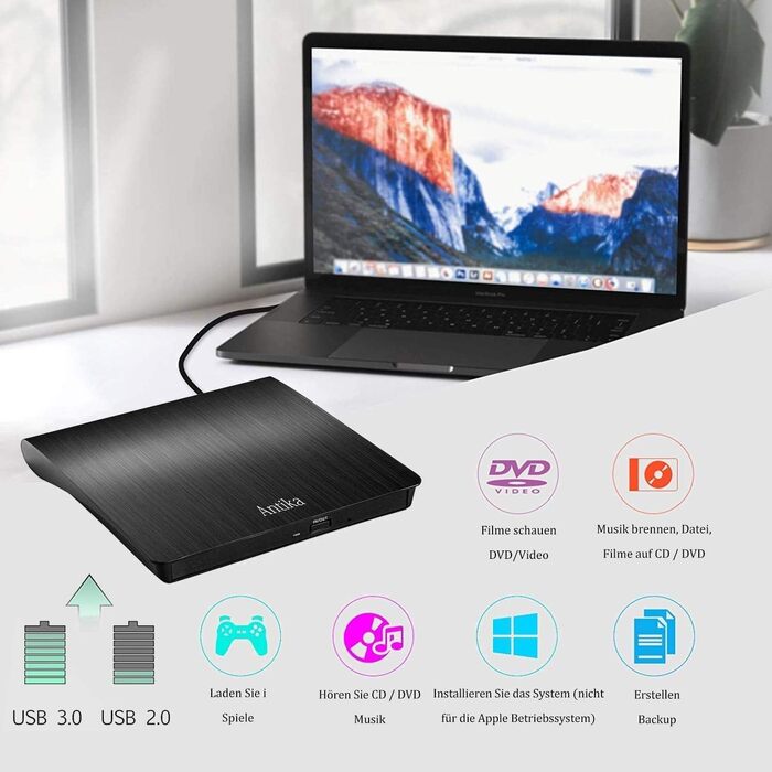 Зовнішній DVD-привід Antika USB 3.0 Type-C, портативний CD/DVD бренер для ноутбука та ПК, підтримка Win11/Win10/MacOS, чорний