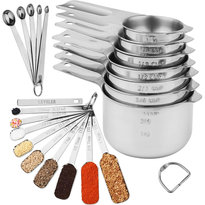 Measuring cup and spoon set, 7 stainless steel measuring cups and 9 measuring spoons and 5 mini measuring spoons and 1 measuring spoon
