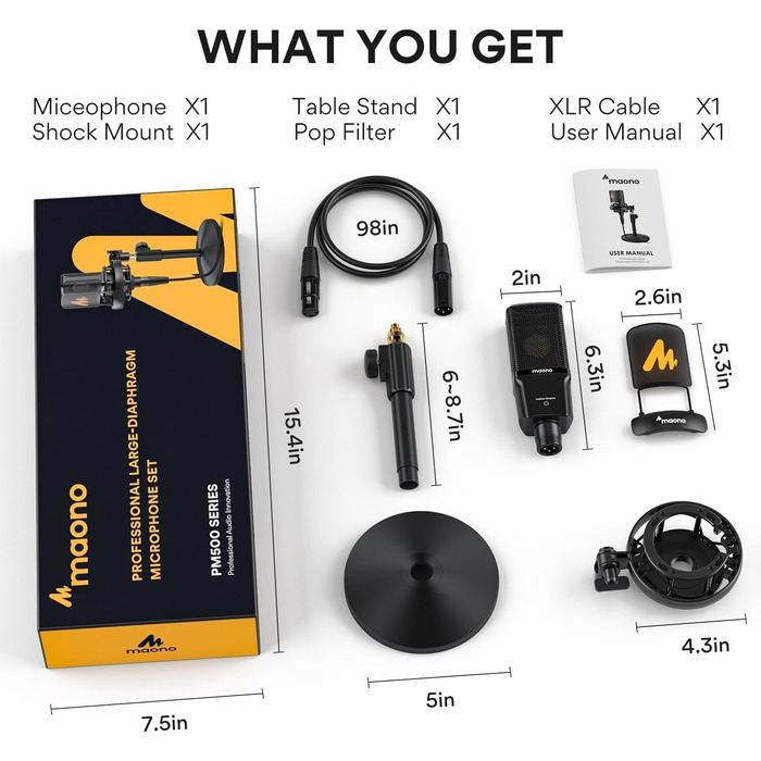 MAONO PM500T XLR Конденсаторний мікрофон з діафрагмою 34 мм, корпус із цинкового сплаву преміум-класу, студійний мікрофон для запису, подкастингу та стрімінгу