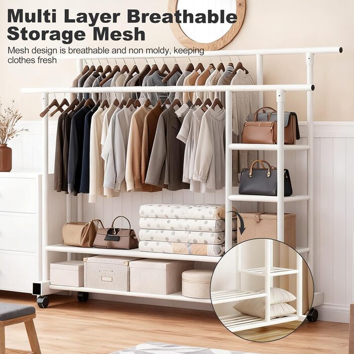 Вешалка для одягу на колесах, шестиярусна полиця з двома штангами, біла