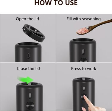 Electric Salt and Pepper Grinder Set, Rechargeable, Automatic Electric Pepper Grinder Set with Large Capacity 110ml, Externally Adjustable Coarseness, LED Light, and One-Hand Operation, Black