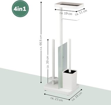 Набір для туалету Eluno Stand-WC 4 в 1: підставка, щітка, 2 змінні насадки, тримач для туалетного паперу на 3 рулони, полиця, скляна та металева поверхня (білий)
